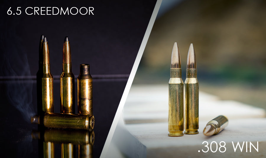 a comparison of two popular rifle cartridges: 6.5 Creedmoor on the left and .308 Winchester on the right.