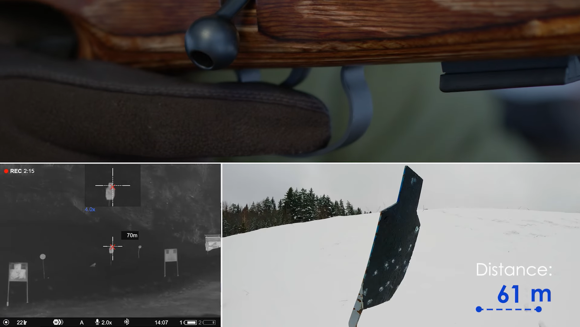 collage of a bolt action rifle with a finger on the trigger, a through-device thermal footage of a target range, and Pulsar's rangefinder